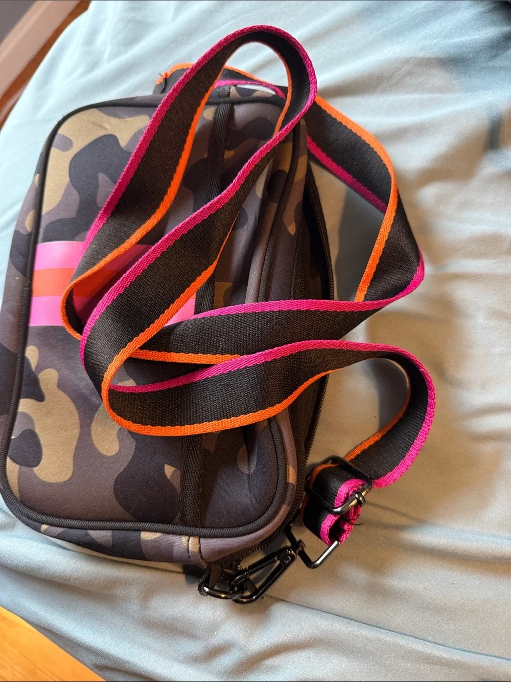 Camouflage neoprene Crossbody Bag with Pink and Orange Stripe